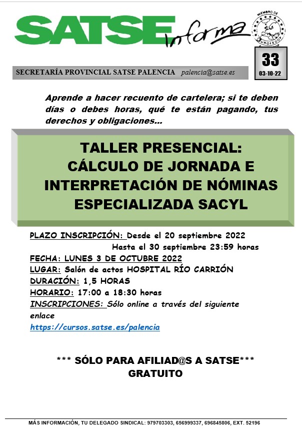 Taller presencial cálculo de Jornada y nóminas SATSE Palencia sep 2022