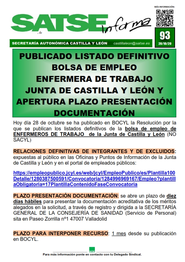 S.I. 93-20 BOLSA DE EMPLEO ENFERMERA TRABAJO JCYL Y PRESENTACIÓN DE DOCUMENTACIÓN
