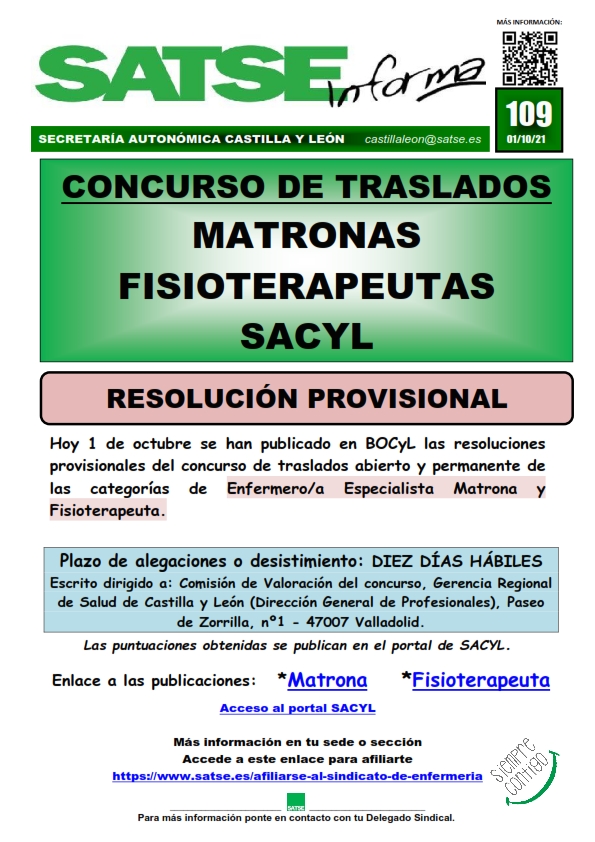 S.I. 109-21 RESOLUCION PROVISIONAL CONCURSO TRASLADOS ENFERMERAS MATRONAS Y FISIOS
