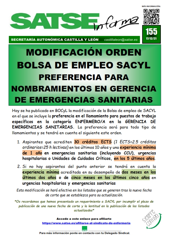S.I. 155-21 MODIFICACIÓN BOLSA EMPLEO NOMBRAMIENTOS GERENCIA EMERGENCIAS
