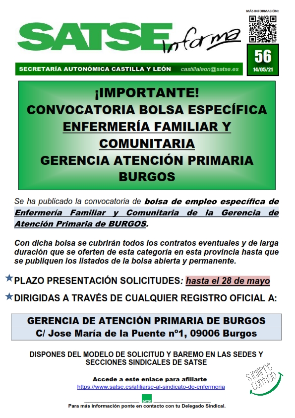 S.I. 56-21 ¡IMPORTANTE! PUBLICADA BOLSA ESPECÍFICA FAMILIAR Y COMUNITARIA DE BURGOS