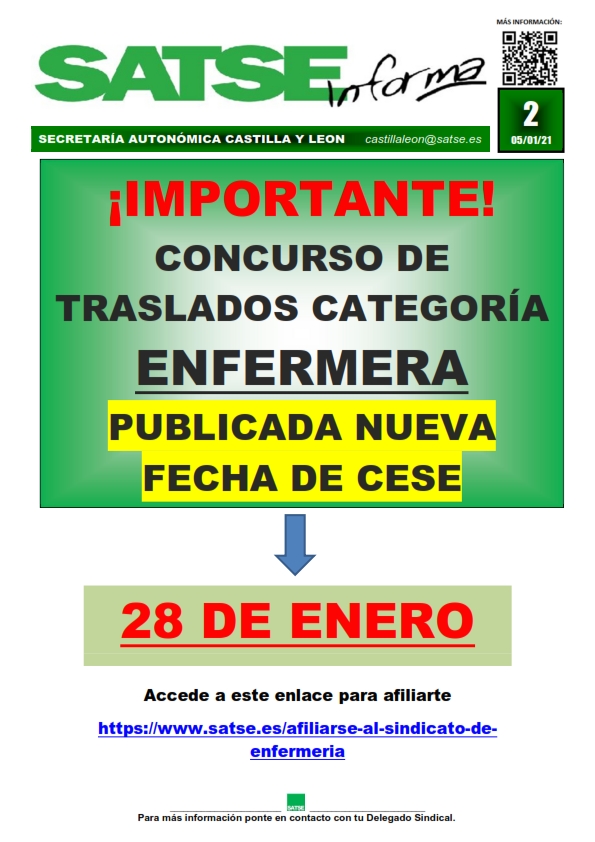 SI 02-21 IMPORTANTE! CAMBIO FECHA CESE CONCURSO TRALADOS ENFERMERAS