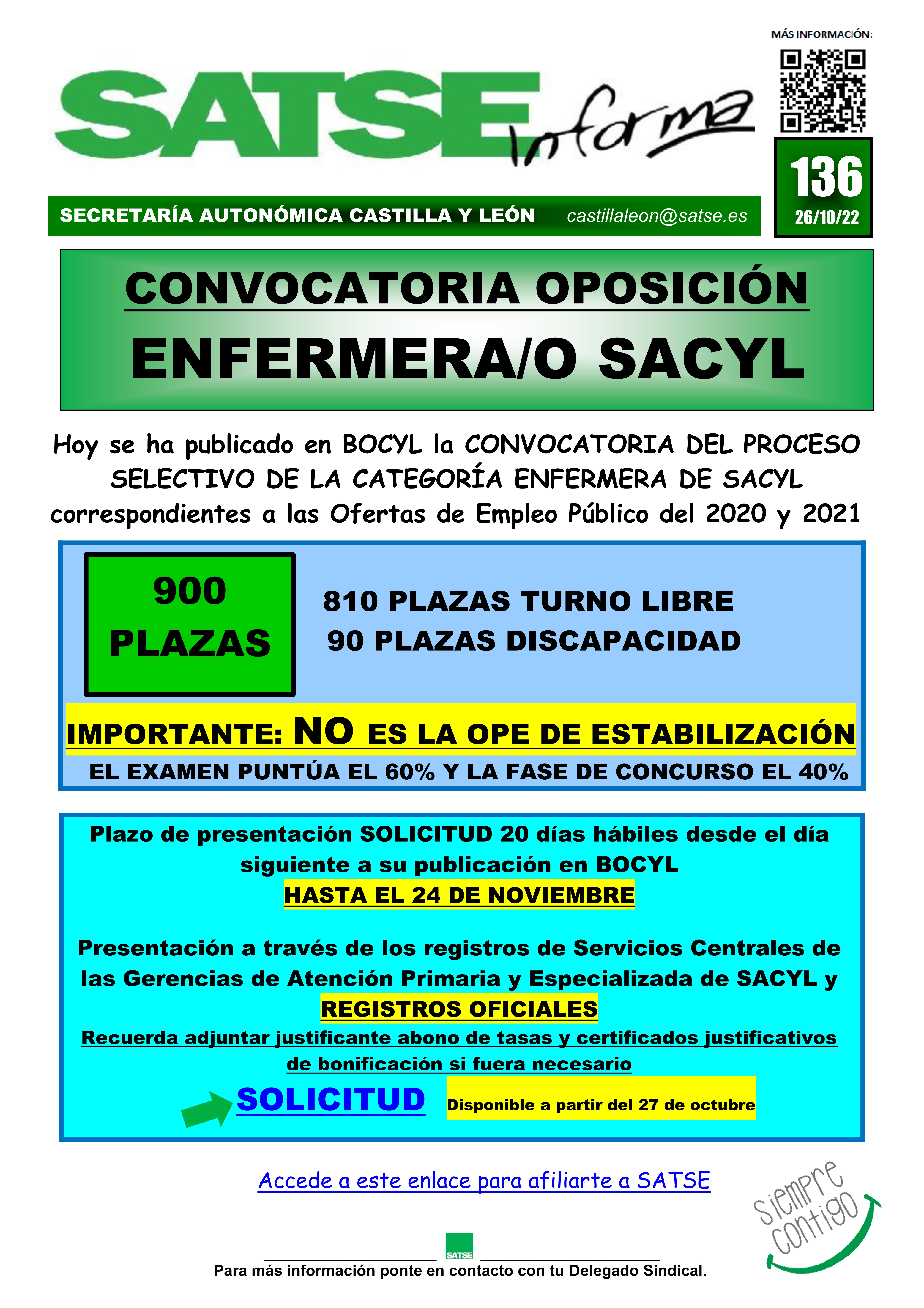 S.I. 136-22  CONVOCATORIA OPOSICIÓN CATEGORÍA ENFERMERA SACYL