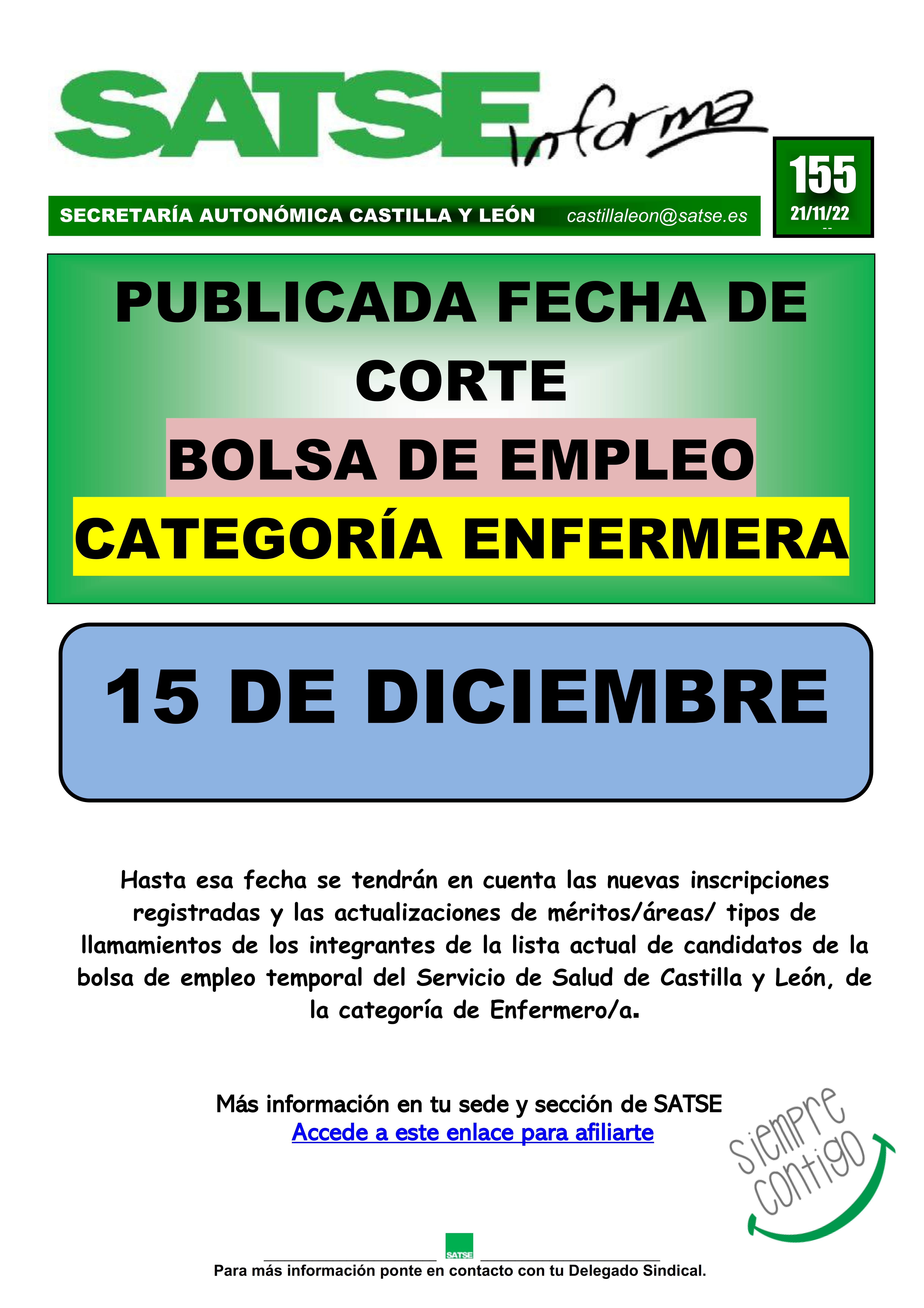 S.I. 155-22 PUBLICADA FECHA DE CORTE BOLSA DE EMPLEO CAT ENFERMERA