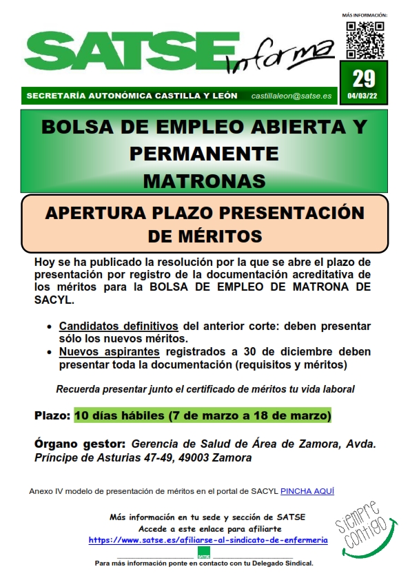 S.I. 29-22 PRESENTACIÓN MÉRITOS BOLSA EMPLEO MATRONAS