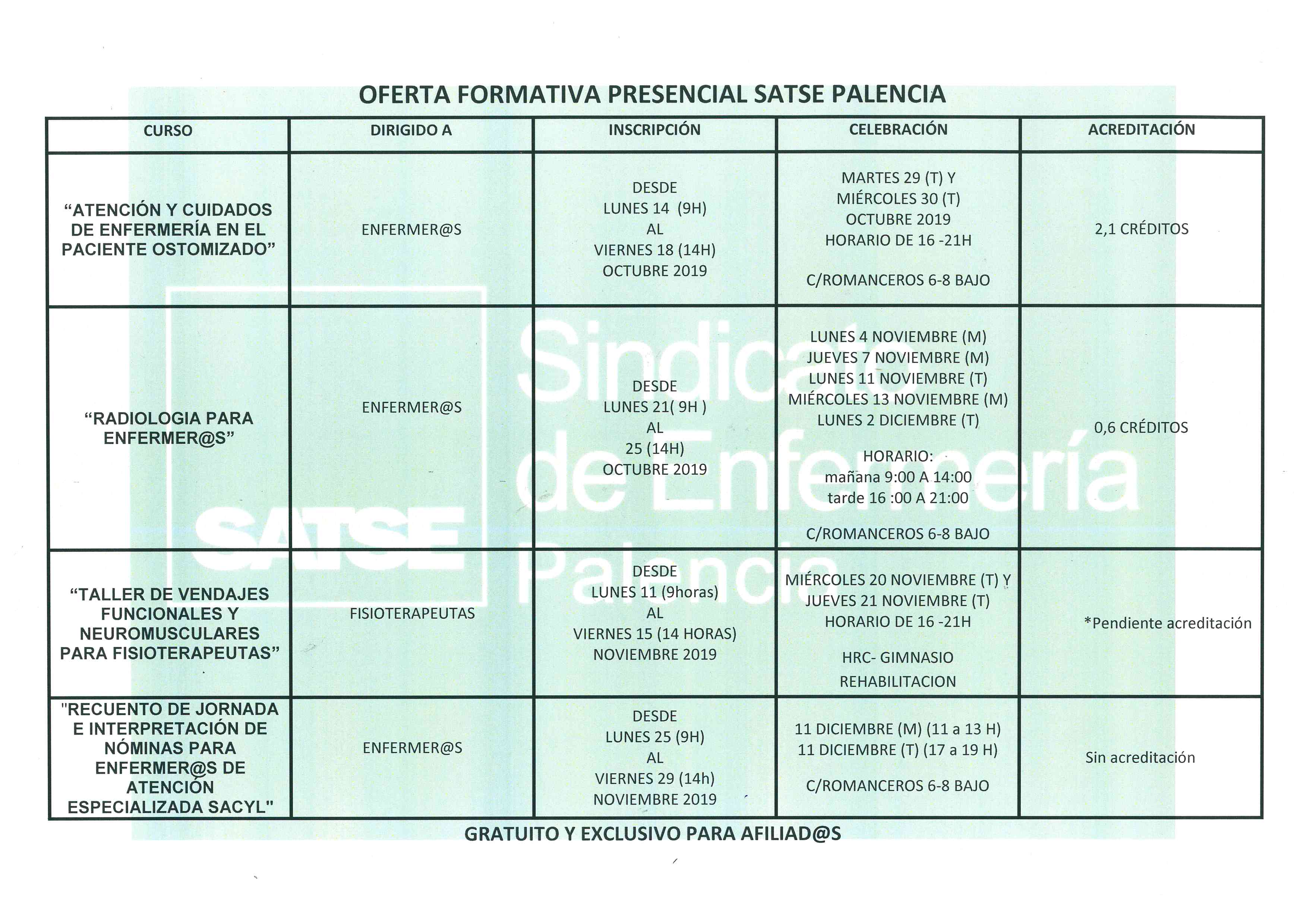 Cuadro cursos SATSE Palencia octubre diciembre 2019