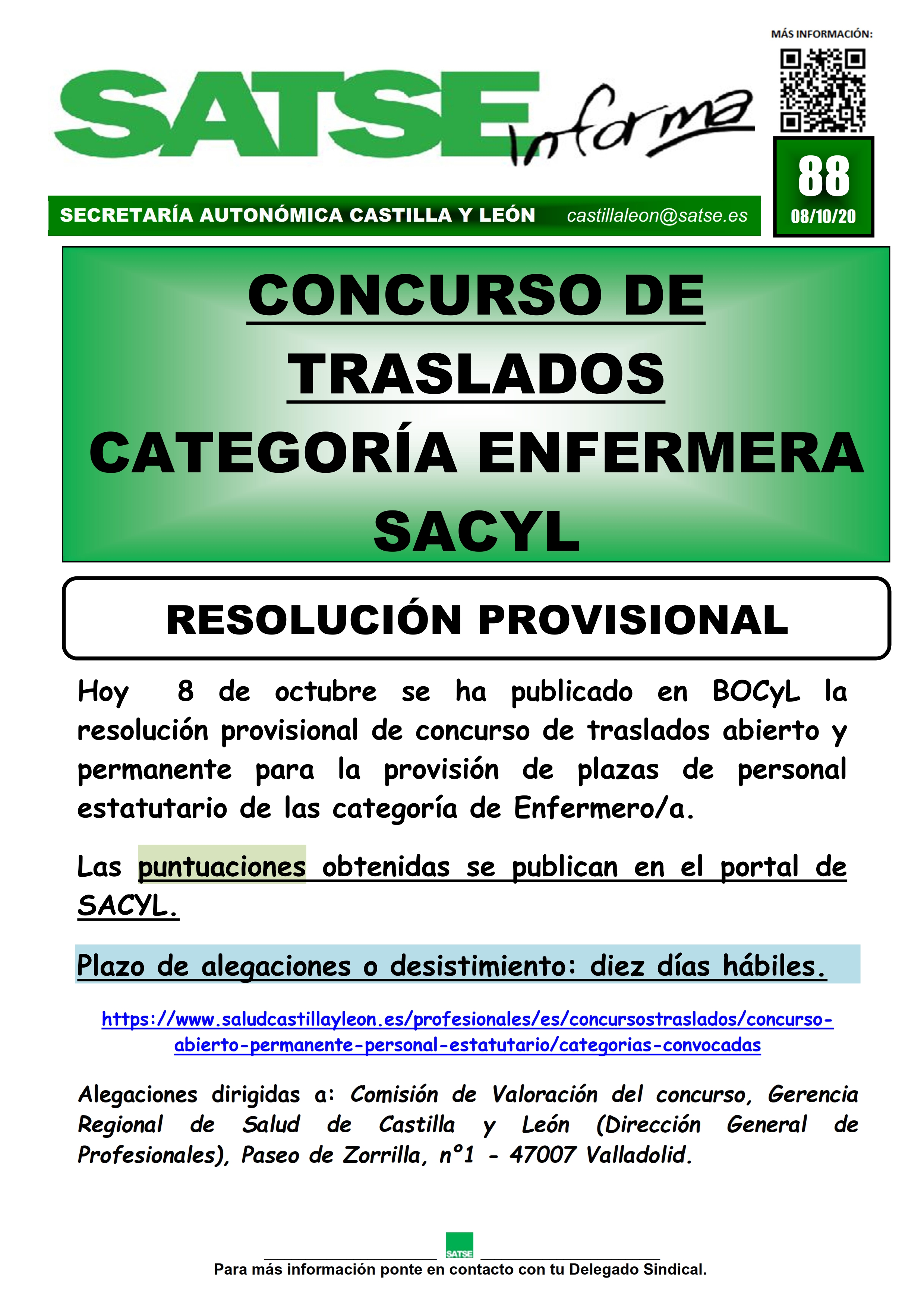 S.I. 88-20 RESOLUCIÓN PROVISIONAL CONCURSO DE TRASLADOS ENFERMERAS SACYL